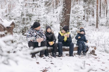 Baba ve oğul termostan çay içip kış karlı ormanlarda oturup sohbet ediyorlar. Mutlu adam, genç çocuklar ve küçük çocuk kış mevsiminde açık havada piknik yapıyorlar. Yerel seyahat. Yavaş yaşam