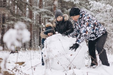 Karlı kış ormanlarında kardan adam için büyük bir kartopu yuvarlayan mutlu baba ve oğullar. Neşeli genç bir adam ve küçük bir çocuk aile yürüyüşünde eğleniyor. Kış zamanı açık hava aktivitesi.