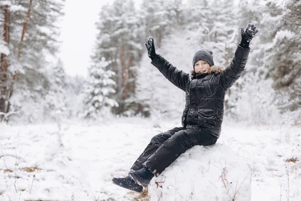 Winter Portrait Happy Teenager Boy Snowy Forest Child Walking Having — Stockfoto