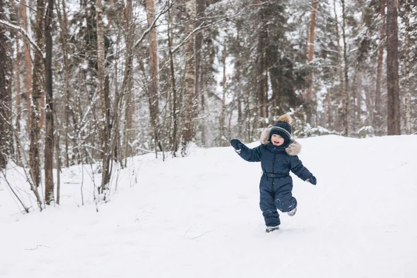 雪のスプルースの森を歩く子供 冬の自然の中でアウトドアを楽しんでいる小さな子供の男の子 クリスマス休暇だ かわいいです幸せな幼児男の子で青全体とニットスカーフとキャップ遊びで公園 — ストック写真