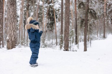 Karlı çam ormanlarında yürüyen bir çocuk. Küçük çocuk kışın dışarıda eğleniyor. Noel tatili. Mavi tulumlu, örgü örüp parkta oynayan sevimli, mutlu bir çocuk..