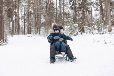 İki neşeli çocuk kayıyor ve birlikte eğleniyorlar. Mutlu çocuklar kış ormanlarında karda oynuyorlar. Kardeşler birlikte vakit geçiriyor.