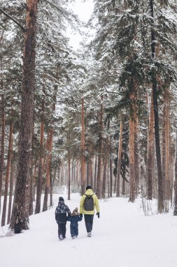 Babayı sırt çantalı ve küçük oğullarını kışın karlı ormanda el ele yürürken hayal et. Kış zamanı açık hava aktivitesi. Yerel seyahat ve aile hafta sonu kavramı
