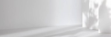 Kozmetik ürün sunumu için soyut beyaz 3d stüdyo arka planı. Penceresi gölgeli boş gri bir oda. Arkaplanı bulanık olan ürünü göster. Pankart