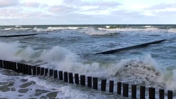 Ondas de tempestade quebrando em quebra-mares, depois de um furacão na costa — Vídeo de Stock