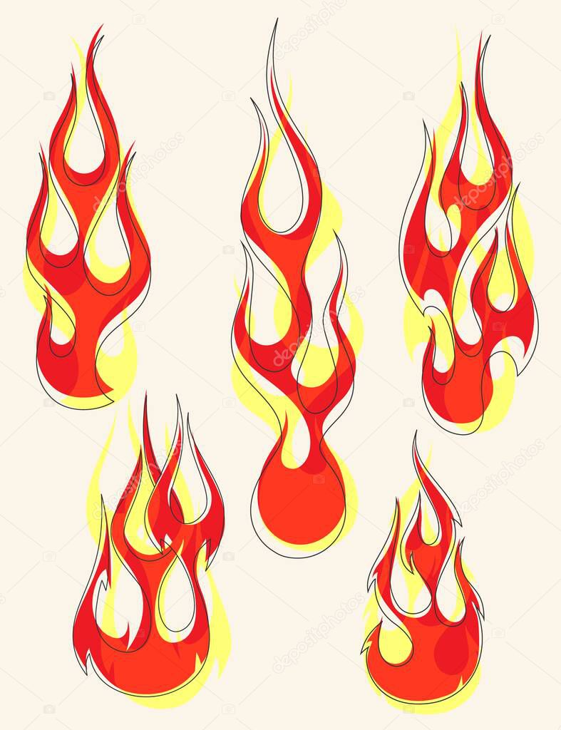Old school red flame background elements set