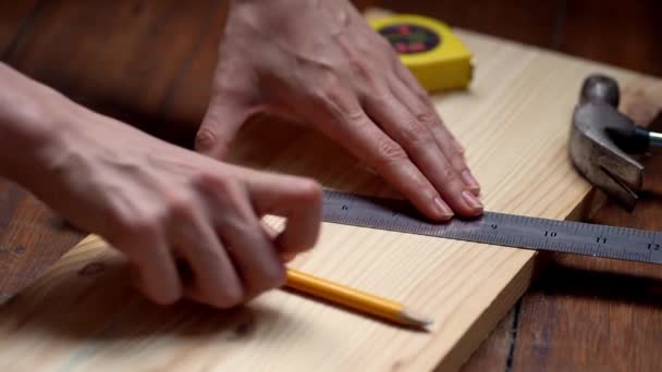Female Hand Draws Line Pencil Wooden Edged Board — Vídeos de Stock