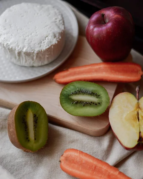 Carrots Apples Kiwi Table Next Cottage Cheese Plate — Stock Photo, Image