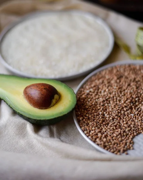 Rice Buckwheat Plate Next Avocado — Stock Photo, Image