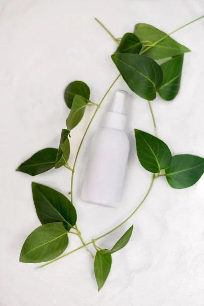 white packaging for lotion on a white background surrounded by green vines mockup