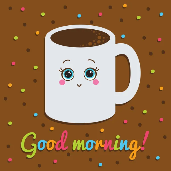 Good morning, inscription. Card. Smiling with a cup of coffee. — Stock Vector