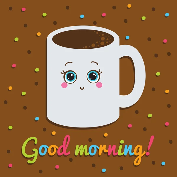 Buenos días, inscripción. Tarjeta. Sonriendo con una taza de café . — Vector de stock