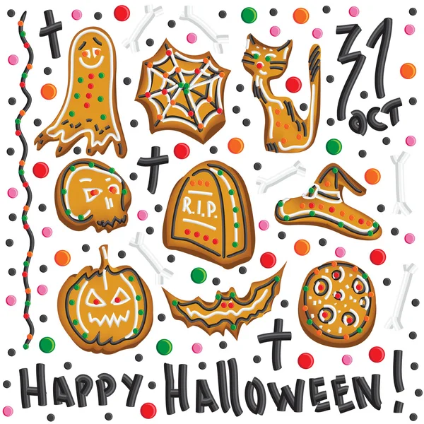 Halloween cookie-kat. halloween jelképei. Állítsa be. vektor. — Stock Vector