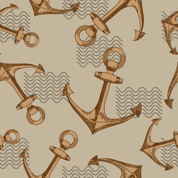 Anchors and waves. Seamless vector pattern. — Stock Vector