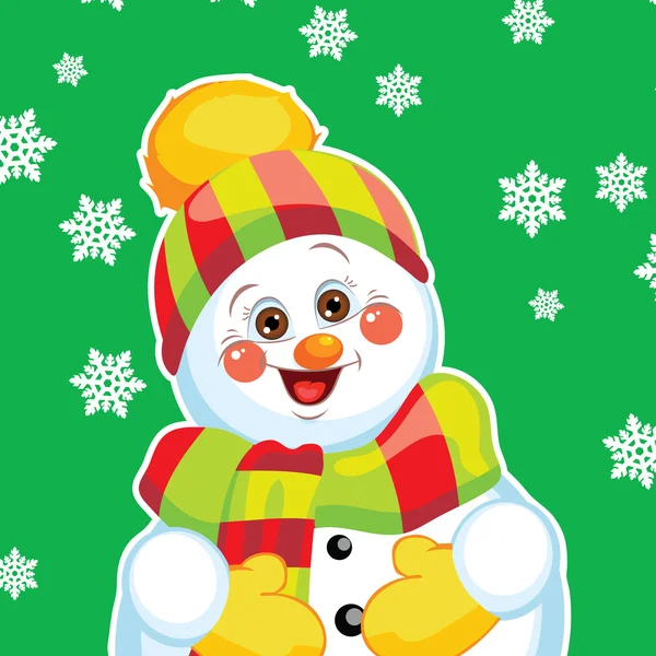 Sneeuwpop op groene achtergrond met patronen. — Stockvector