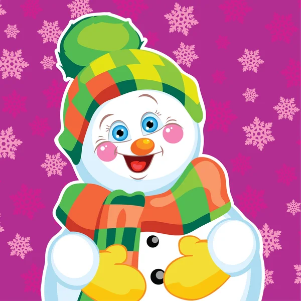 Snowman on green background with patterns. — Stock Vector