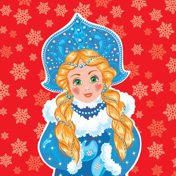 Snow Maiden на синем фоне с белыми снежинками . — стоковый вектор