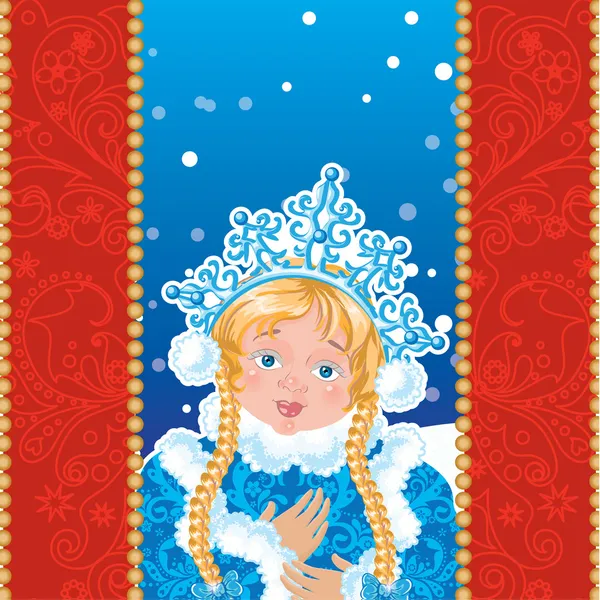 Snow Maiden on a blue background with white snowflakes. — Stock Vector