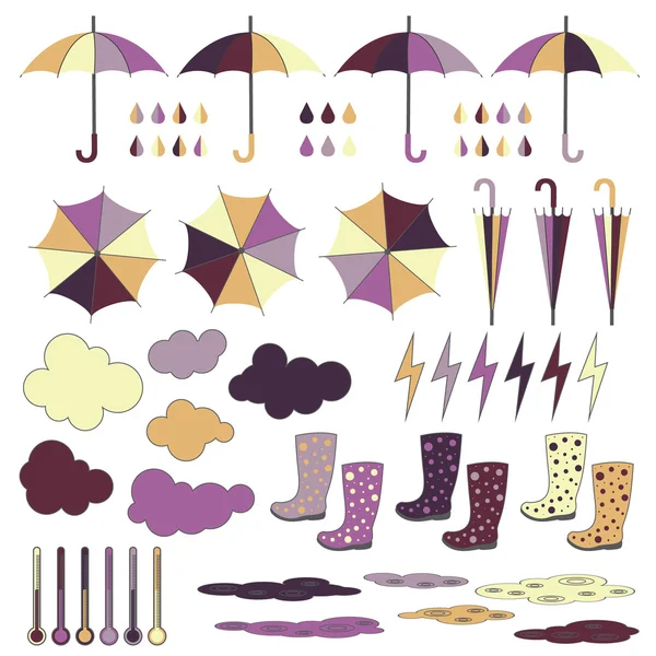 Rubber boots, umbrellas, rain. Vector set. — Stock Vector