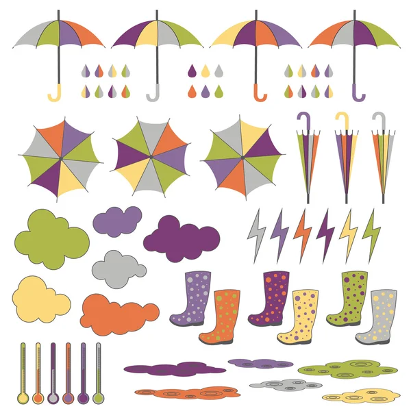 Bottes en caoutchouc, parasols, pluie. Ensemble vectoriel . — Image vectorielle