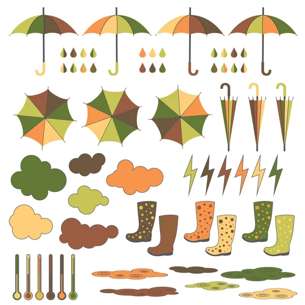 Bottes en caoutchouc, parasols, pluie. Ensemble vectoriel . — Image vectorielle