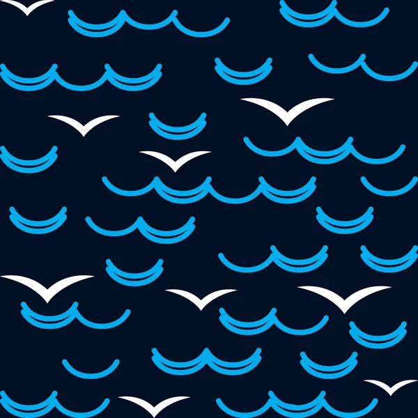 Waves and seagulls in blue colors. Seamless pattern. — Stock Vector