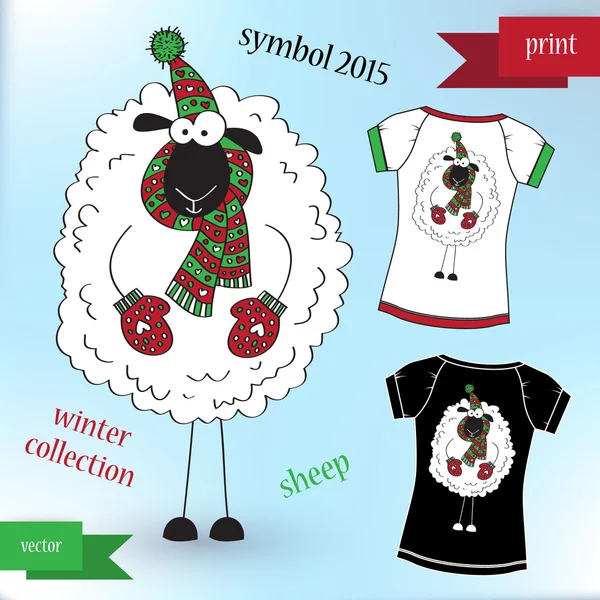 Schaf mit Wintermütze Grafik T-Shirt Design Print — Stockvektor