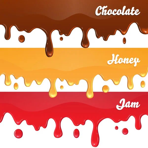 Chocolate, honey, jam drips on white background — Stock Vector