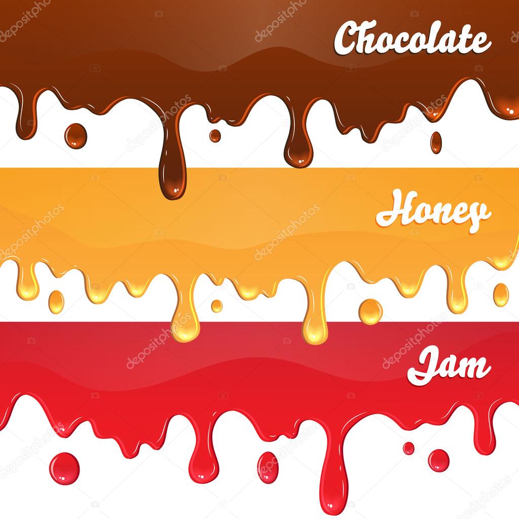Chocolate, honey, jam drips on white background