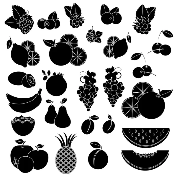 Ícones de vcetor branco preto - frutas e bagas — Vetor de Stock
