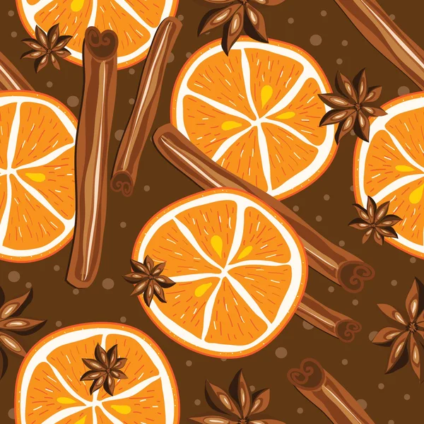 Cinnamon and oranges, vector, kitchen background. Abstract seamless background — Stock Vector