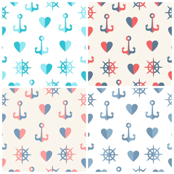 Navy vector seamless patterns set anchor, steering wheels and hearts — Stock Vector