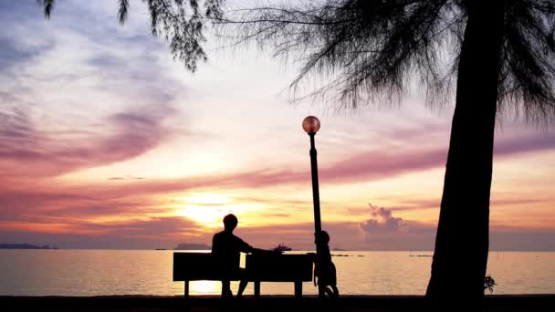 Padre e hija disfrutando del atardecer — Vídeo de stock