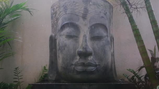 Peaceful rainy scape of large concrete Buddha head sculpture in Asian jungles, place for mindfulness meditation, religion and historical landmark — Stockvideo