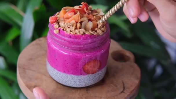 Närbild av extremt hälsosam detox frukost måltid, chiapudding med bär smoothie och granola — Stockvideo