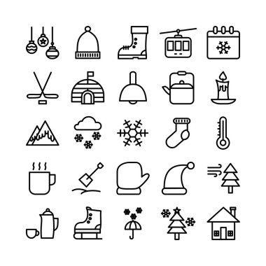 Web sitesi, mobil uygulama, sunum, sosyal medya için kışın simge belirleme vektör hattı. Kullanıcı arayüzü ve kullanıcı deneyimi için uygun.