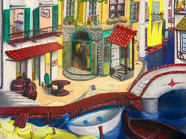 Oil painting. The facade of the buildings.Pier, fishermen, boats. Coffee fish.