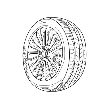 Çizim, oyma, mürekkep, çizgi sanatı, vektör illüstrasyon araba tekerleği konsepti beyaz arka planda silüet çizimi.