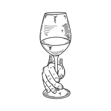 Çizim, oyma, mürekkep, çizgi sanatı, el yapımı şarabın vektör illüstrasyon camı beyaz arka planda silüet şeklinde rahatlatıcı bir taslak..