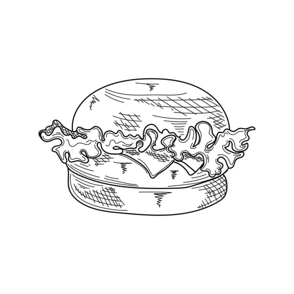 インク ラインアート ベクトルイラスト白い背景にシルエットでチーズとレタスのスケッチとおいしいハンバーガー — ストックベクタ