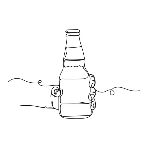 Dibujo Continuo Una Línea Manos Sosteniendo Botella Con Icono Del — Vector de stock