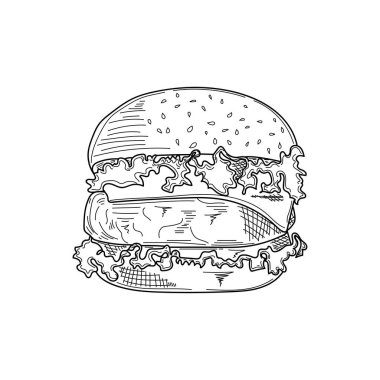 Çizim, oyma, mürekkep, çizgi sanatı, vektör çizimi. Beyaz bir arkaplanda hamburgerci çizimi yemeye hazır..