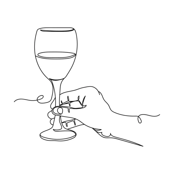 Kontinuierliche Linienzeichnung Von Hand Halten Glas Oder Leckeren Wein Symbol — Stockvektor