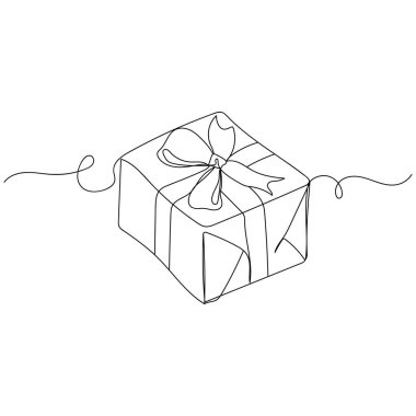 Yılbaşı hediye kutusunun beyaz bir zemin üzerinde siluet şeklinde fiyonk resmi olan sürekli bir çizimi. Doğrusal biçimlendirilmiş.