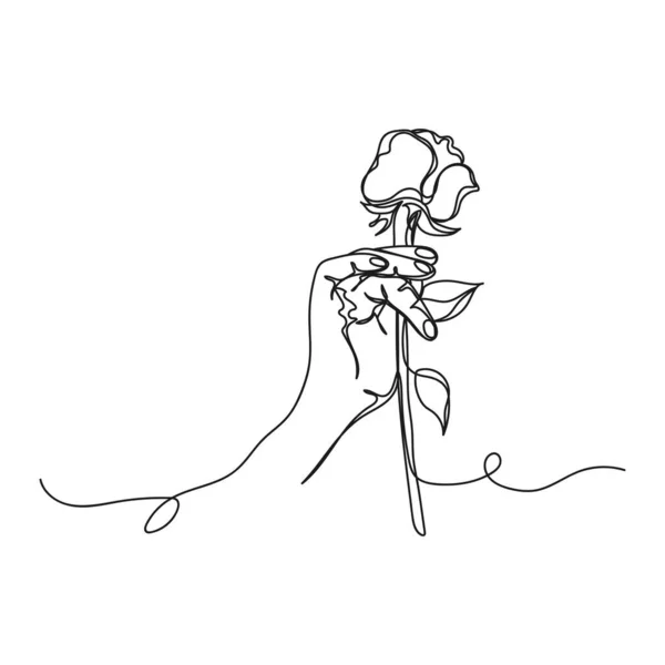 Dessin Continu Une Ligne Main Tient Rose Fleur Concept Romantique — Image vectorielle