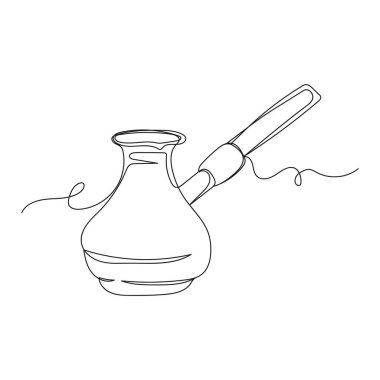 Beyaz arka planda sürekli bir çizim halinde bir kahveyi siluetle çiziyor. Doğrusal biçimlendirilmiş.