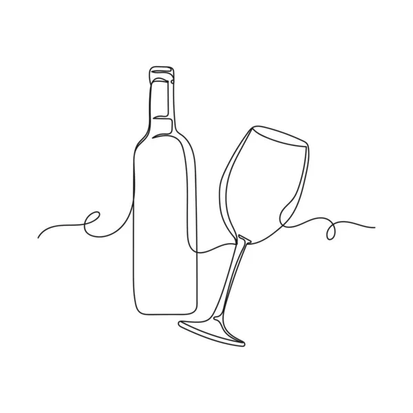 Disegno Continuo Una Linea Bottiglia Vino Natale Con Bicchieri Vino — Vettoriale Stock