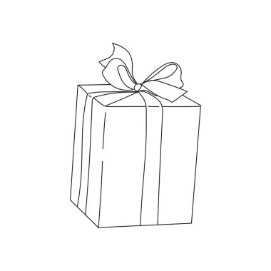 Çizim, oyma, mürekkep, satır sanatı, doğrusal, vektör illüstrasyon doğum günü, noel, yeni yıl hediye kutusu çizimi beyaz arka planda silüetle.