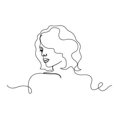 Beyaz arka planda kısa saçlı, kısa saçlı, soyut kadın yüzünün kesintisiz bir çizimi. Doğrusal biçimlendirilmiş.