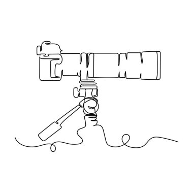 Beyaz arka planda telefoto mercekli fotoğraf makinesinin sürekli bir çizimi. Doğrusal biçimlendirilmiş.